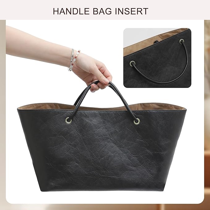 Doxo NEW Purse Organizer Insert for Longchamp LePliage Large,Fixed Handle, Bag Shaper with Key Leash& 16 Compartments, Upgraded Elastic Cup Holder(Black&Brown, L)