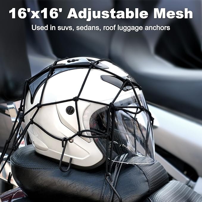 JAGASOL Cargo Nets for Motorcycle Helmet 16"X16" Elastic Bungee Net Storage Featuring 6 Hooks Tight 2"x2" Mesh Luggage Strap Rack Expansion Organizer Net Pocket for Motorbike E-Bike Trike