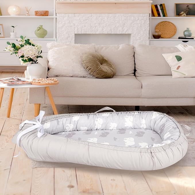 Baby Lounger Replacement Cover, Newborn Lounger cover for 0-12 Months, Breathable & Portable Infant Lounger Case, Soft Baby Floor Seat Cover for Travel, Machine Washable (Cover Only), Grey elephants