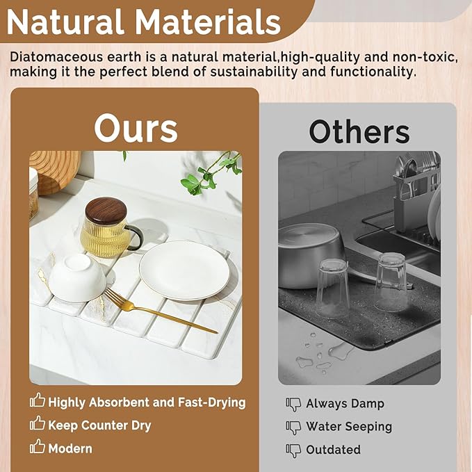 Small Stone Dish Drying Mat for Kitchen Counter, 2 PCS 16"×12" & 8"x4" Quick Dry Stone Mats, Foldable Water Absorbing Diatomaceous Earth Drying Dish Pad for Countertop Bottles Utensils Cup(Gold White)