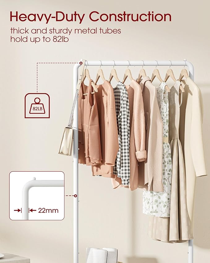 Sakugi Clothes Rack - Clothing Rack with Storage Mesh Shelf & Casters, Heavy-Duty Metal Clothing Rack for Hanging Clothes, Dresses, Coats, Large Load Capacity, Easy Assembly, White, 28.0"x16.9"x59.0"