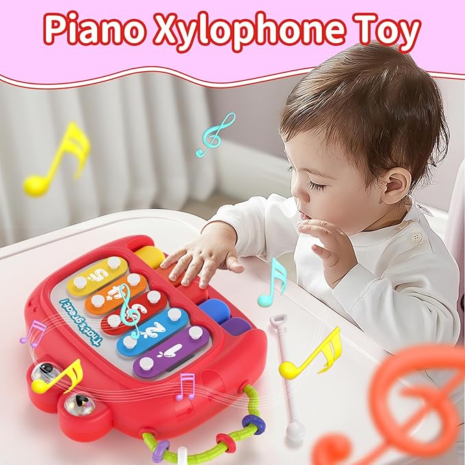 usrela 4 in 1 Baby Toy for 6 9 12 18 Month, Learning Toys for Babies 6-12 Months, Baby Busy Cube, Stacking Sorter, Pull String & Piano Xylophone Travel Toy, Birthday Gift for 1 2 Year Old