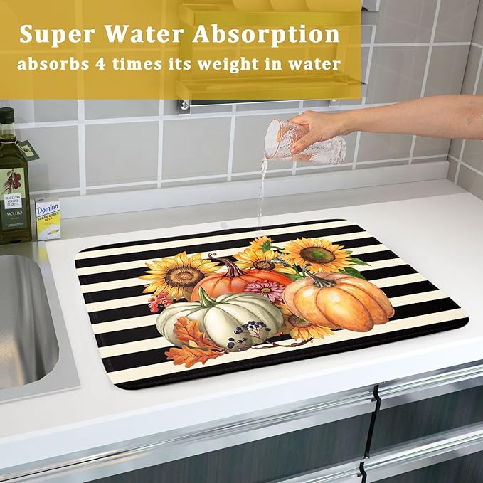 Sunflower Pumpkin Dish Drying Mat for Kitchen Counter,Black and White Stripe Drying Mat 18 x 24 Inch with Absorbent Reversible Microfiber Dish Drying Pad Dish Rack Drainer Mat for Coffee Bar