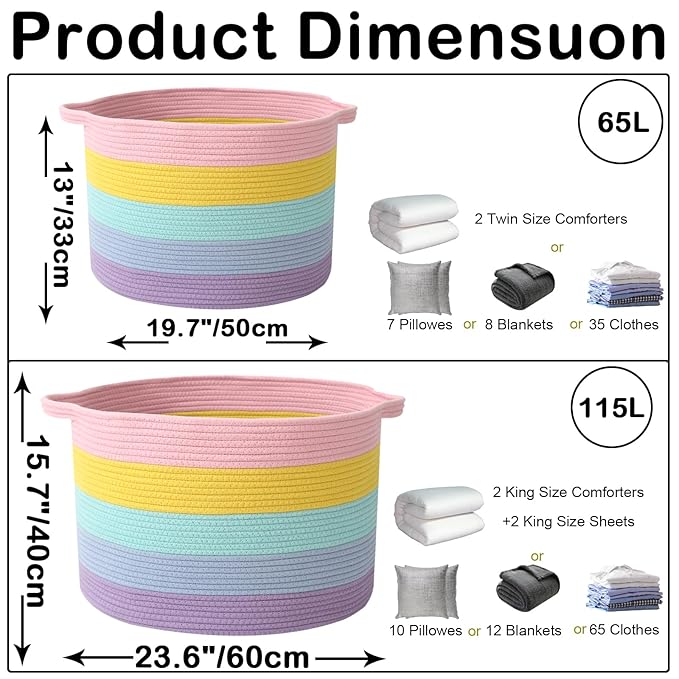 Large Storage Basket with Handle,19.7" L x 19.7" W x 13" H Blanket Basket Storage Bins for Organizing,65L Cotton Rope Woven Baskets for Living Room, Nursery,Bedroom,Colorful