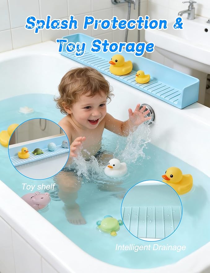 Splash Guard for Bathtub 31.5 Inch Silicone Tub Splash Guard with 11 Suction Cups Foldable Bath Toy Holder & Play Shelf Prevents Water Spills for Standard Tubs (Sky Blue)