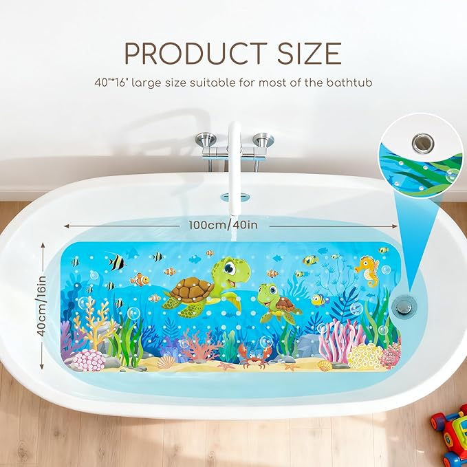 Omedecal Baby Bath Mat for Tub, Non Slip Kids Bath Shower Mat, 40 X 16 Inch Large Bathtub Mat with Drain Holes and Suction Cups for Toddlers, Machine Washable and Waterproof (Turtle)