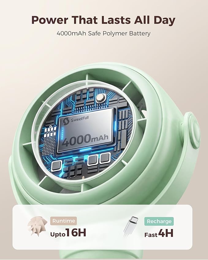SWEETFULL Baby Stroller Fan - 4000mAh Rechargeable 4-Speed Quiet with LED Display & Night Light, Mini Portable 360° Clip On Safe Fan for Car Seat, Crib, Travel - Green