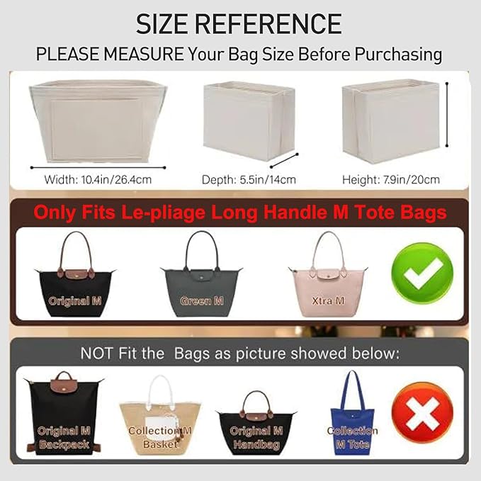 Felt Purse Organizer Insert Compatible with Longchamp Le Plaige M Tote Bag(Longg Handle), Zipper Long Champ Medium Organizer with Cup Holder, 8 Compartments Bag Insert(Beige,M)