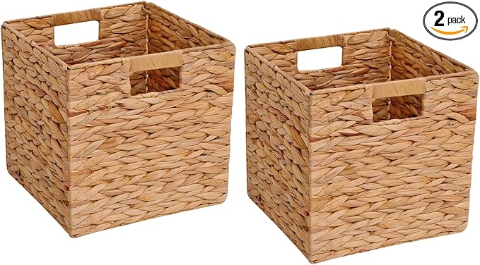 Wicker Storage Basket Foldable Hyacinth Storage Box Set of 2, 12x12x12 Inch - Handmade Woven Basket for Closet,Shelf Organization & Decor