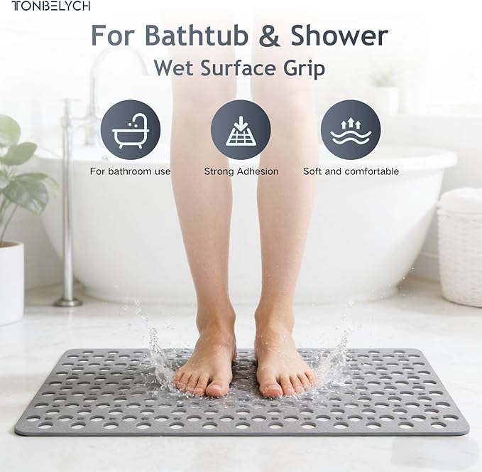 TONBELYCH Non Slip Bath Mat for Shower & Bathtub - 30x17 Inch with Strong Suction Cups and Drain Holes, Quick-Dry, Machine Washable Floor Mat for Elderly, Kids & Pets