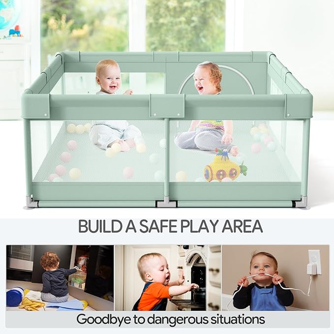 Fodoss Playpen for Babies and Toddlers - 47x47in Baby Playpen, Green Play Pen with Hand Pulling Ring, All-Side Mesh Play Pen for Kids,Baby Fence, Playards