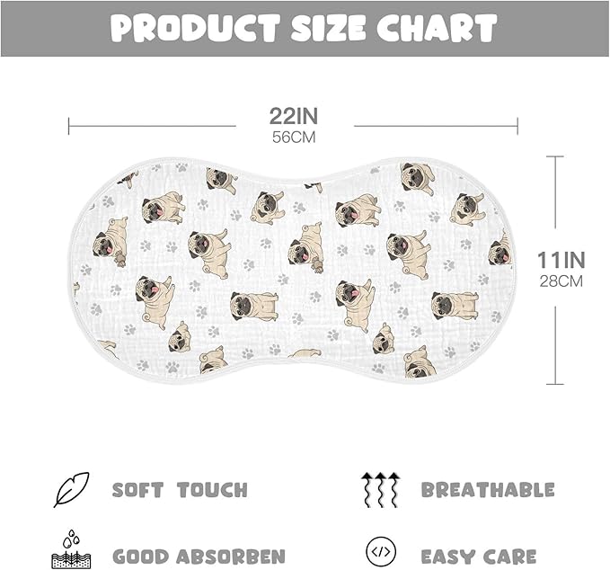 Qinllo 1 Pack Muslin Burp Cloths Pugs Dog Paw White Cotton Baby Burp Cloths Ultra Absorbent Burping Cloth Soft Spit Up Rags for Baby Boys Girls 22x11 Inch