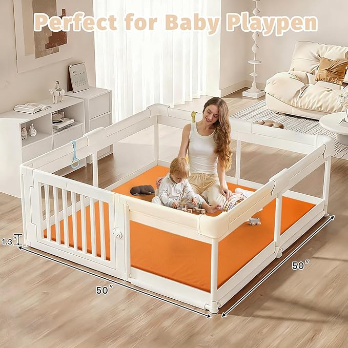 Waterproof Baby Play Mat for Floor 1.3"Thick Memory Foam 50 * 50 Cushion Playpen Playmat Tummy Time Crawling Mat Nursery Rug Pad Mattress Create Soft & Safe Area for Infants,Toddler,Kid,Orange