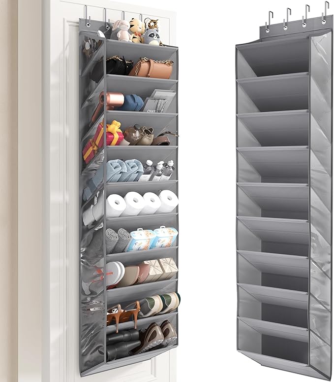 Mefirt 10 Tier Clear Over the Door Shoe Organizer with Deep Pockets, Door Shoes Rack with Hard Tube to Keep the Shape, Hanging Shoe Rack for Closet Organizers & Storage, Behind Door Shoe Holder Grey
