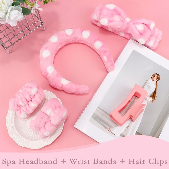 Canitor Spa Headbands Wrist Band Set with Hair Clip Skincare Headbands for Washing Face Non Slip Puffy Makeup Headband Wrist Towel Cute Preppy Teen Girl Birthday Gifts Trendy Stuff