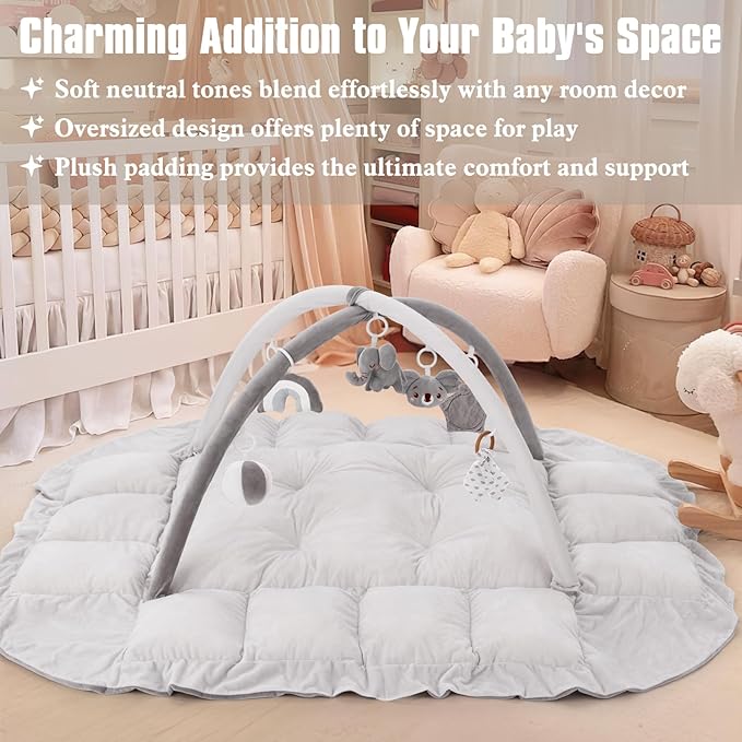 5-in-1 Plush Baby Play Gym, Baby Play Mats, Convertible Baby Gym, Tummy time mat, 6 Sensory Toys, Activity Center, Ball Pit, Grey