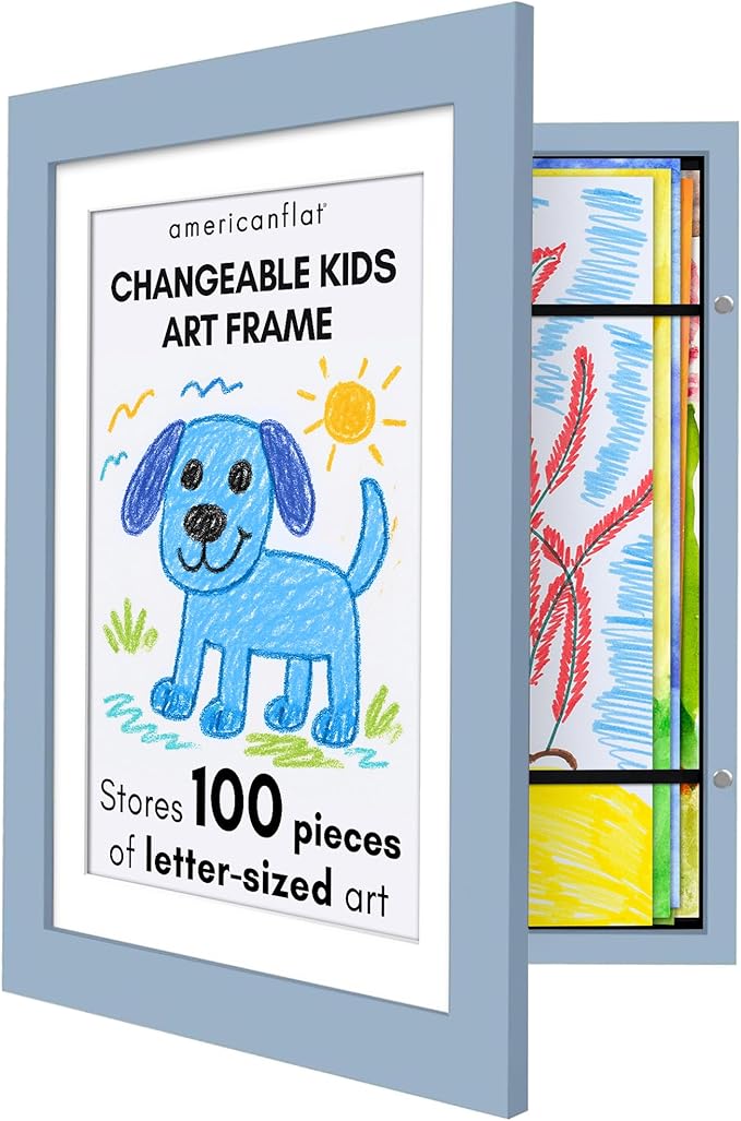 Americanflat Kids Artwork Frame Changeable (Baby Blue) - Magnetic Door Holds 100 Art Pieces - 8.5x11 Letter Size Display with Mat or 10x12.5 Without Mat - My Mini Masterpiece