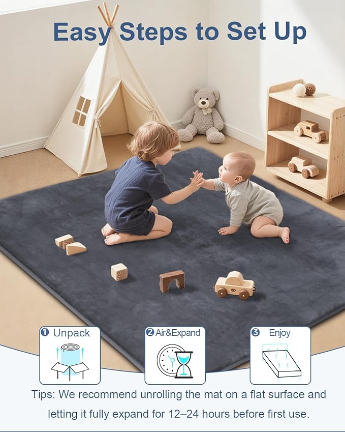 Large Thick Baby Play Mat for Floor,Padded Foam 59x79 Playpen Mat, Soft Support&Plush Feel Nursery Rug,Non Slip for Toddler,Infants,Kids Play,Yoga,Baby Crawling,Tummy Time (Dark Grey)