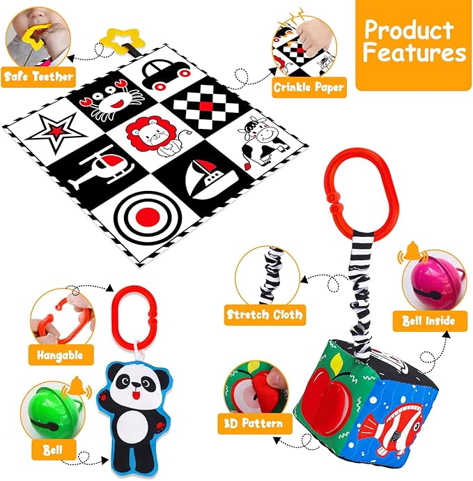 4 PCS Black and White High Contrast Baby Toys 0-3-6 Months Newborn Essential Toy for Babies Crinkle Sensory Book Brain Development Tummy Time Mirror Infant Carseat Rattle Shower Easter Gifts Boy Girl