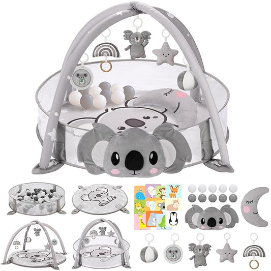 7-in-1 XL Large Baby Play Gym Mat, Tummy Time Mat, Baby Gym & Ball Pit, Baby Activity Mat with Milestone Cards & 6 Detachable Toys for Sensory Motor Skill, Grey Koala