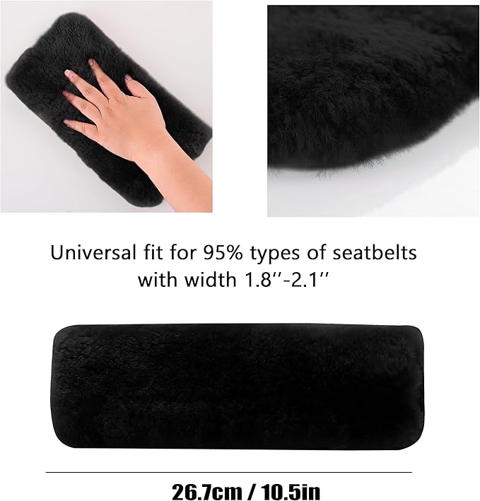 Amooca Authentic Sheepskin Seatbelt Cover Real Wool Car Truck SUV Airplane Seat Belt Shoulder Pad for Carmera Backpack Straps Neck Cushion Protector 2 Pack Black
