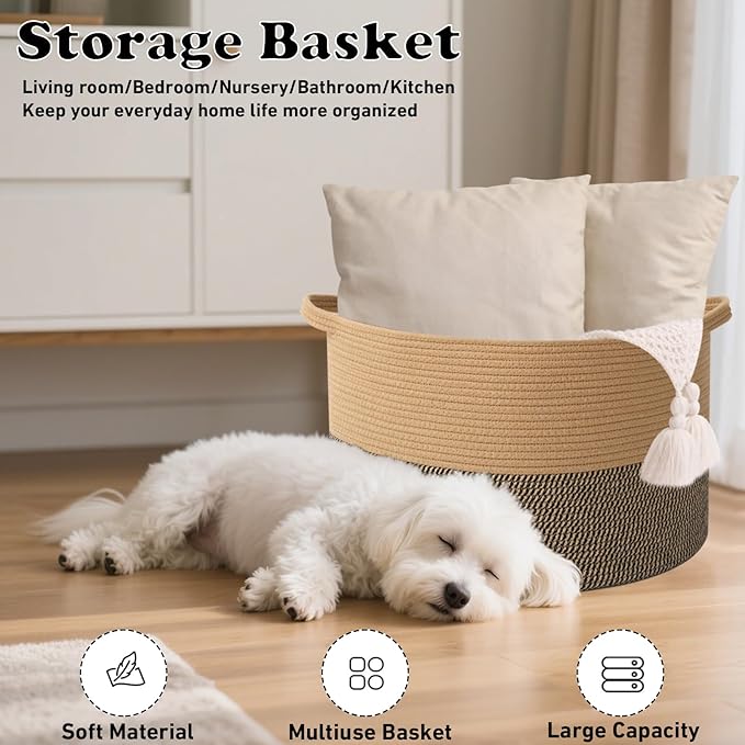 Large Storage Basket with Handle,23.6" x 23.6" x 15.7" Blanket Basket Storage Bins for Organizing,115L Cotton Rope Woven Baskets for Living Room, Nursery,Bedroom,Jute&Black