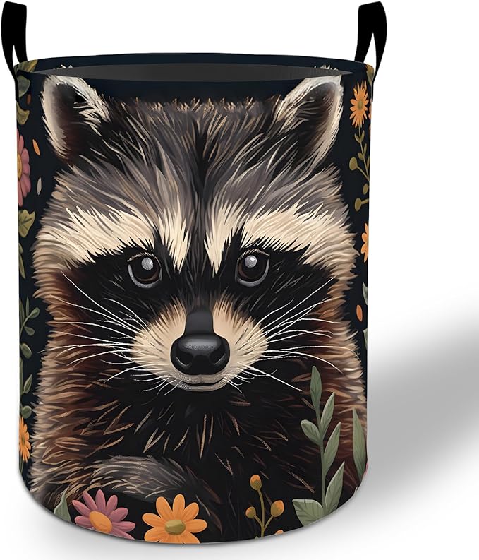Raccoon Laundry Basket Hamper 19.7"x15.8", Cute Animal Foldable Waterproof Oxford Clothes Storage Bucket for Room Bathroom Bedroom Nursery Decor, Toy Organizer Bins Gifts for Kids Boys Girls