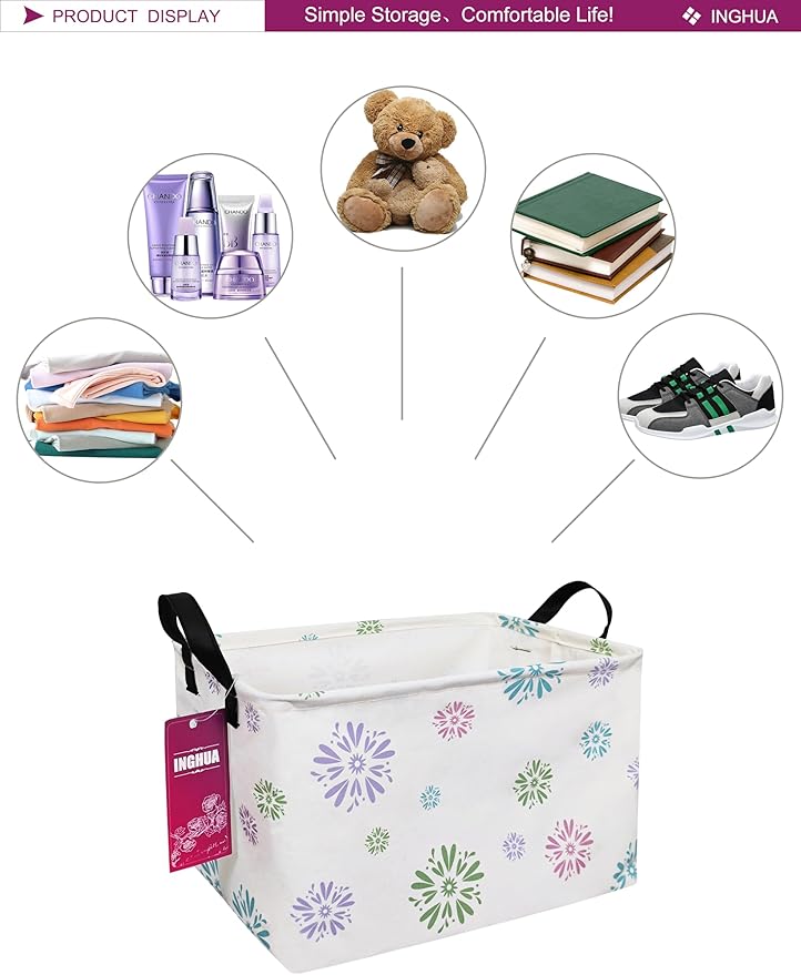 INGHUA Rectangular Storage Basket Fabric Organizer Bin for Toys,Books,Clothes,Gifts,Pets-Perfect for Home,Office,Nursery,Dorm,Shelf(Rec-Colorful fireworks)