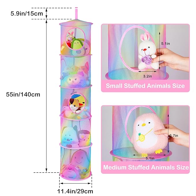Basumee Stuffed Animals Net or Hammock 2 Pcs Stuffed Animals Storage Toy Net Hammock for Plushies Storage Organizer Mesh Kids Girls Room Decor, Rainbow, 5 Tiers