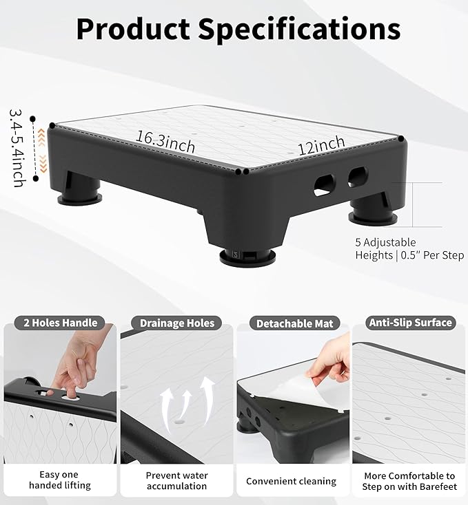 5-Level Adjustable Step Stool, 700 LBS Capacity Safety Bed Step for Seniors, Exercise Setp Platform, Portable Stair Assist for Elderly, Wide Step up for Kitchen, Car, Bedside & Shower, White