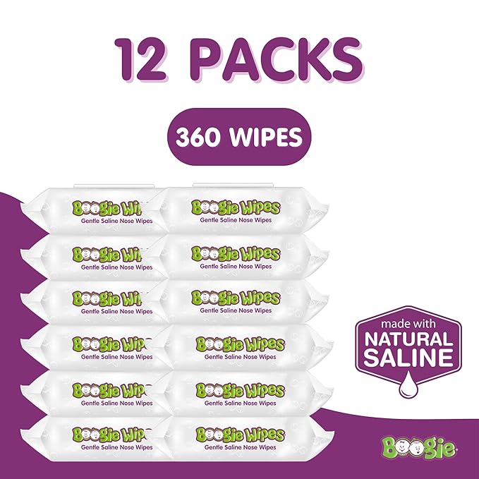 Saline Nose Wipes by Boogie, for Baby & Kids, Face, Hand & Body, Made with Vitamin E, Aloe, and Natural Saline, Unscented, 30 Count (Pack of 12)