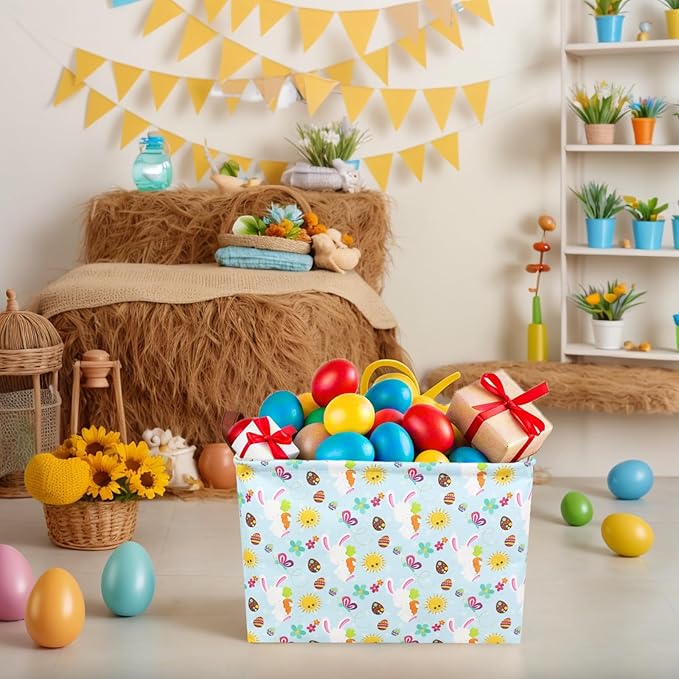 ASKETAM Easter Basket for Kid Large Empty Rectangular Cute Easter Gift Storage Basket Bunny Eggs Décor (Rabbit Butterfly Sun)