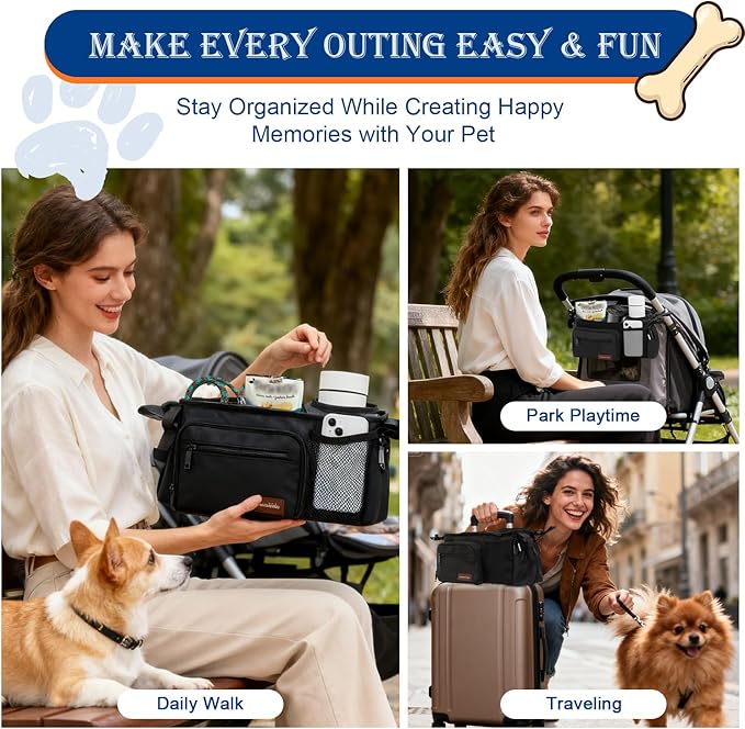 Dog Stroller Organizer Bag, Dog Mom Gifts for Women Pet Stroller Caddy, Stroller Accessories with Cup Holder, Poop Bag Dispenser, Pockets for Dog Essentials, Fits 14–19" Handles, Christmas Gift Ideas