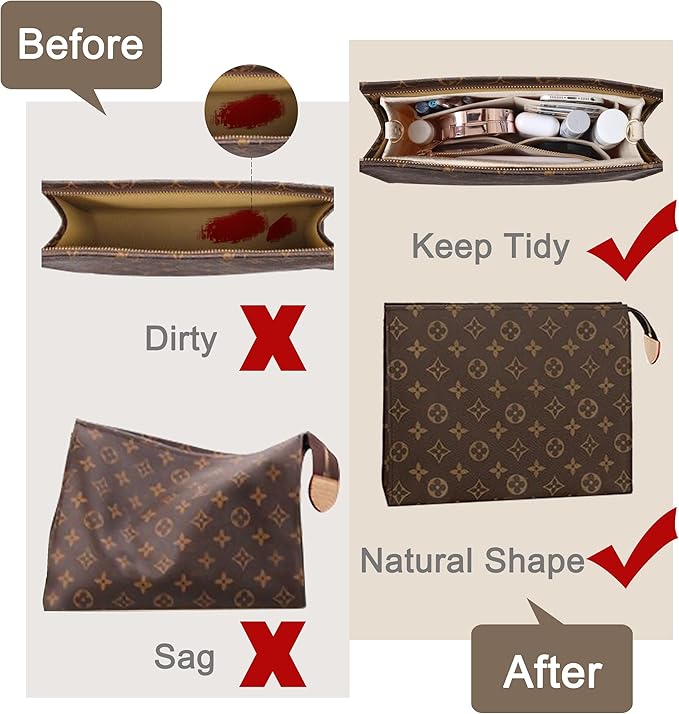 Soyizom Toiletry Pouch 19 26 Bag Organizer Insert for Cosmetics Tidy Organizer,Felt Purse Organizer Insert Ladies Tote Handbag Liner Pocket Organizer with Keychain & Gold Buckle & Zip(Large-26,Beige)