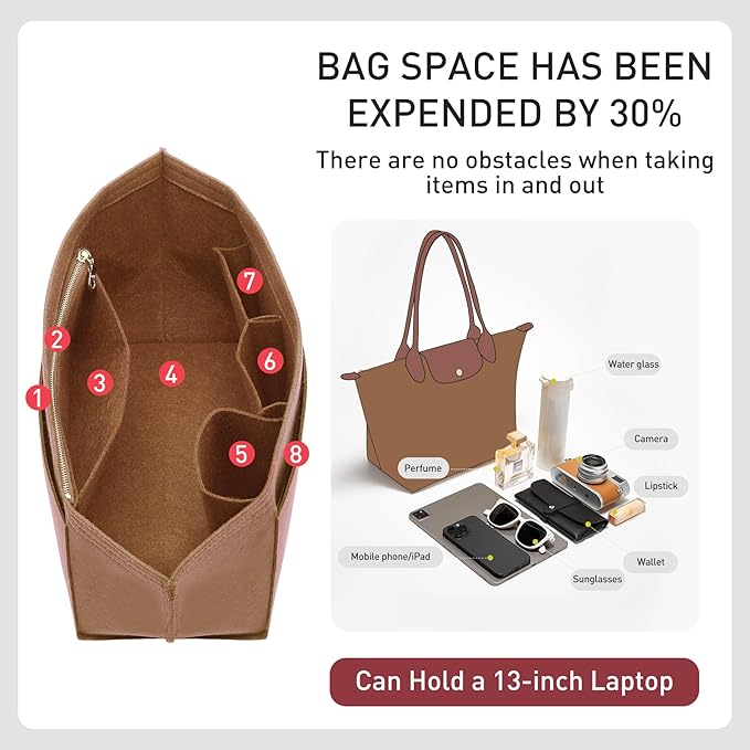 Felt Purse Organizer Insert Compatible with Longchamp Le Plaige M Tote Bag(Long Handle), Zipper Long Champ Medium Organizer with Cup Holder for Tote Handbags, 8 Compartments (Gold Brown,M)