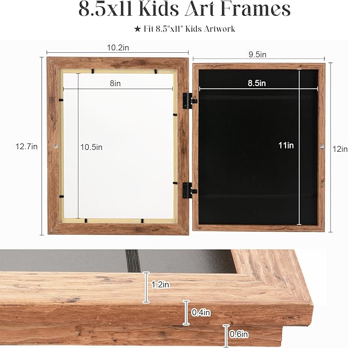 [2-Pack] Kids Art Frames, 8.5x11 Front Opening Kids Artwork Frames Changeable, Dark Woodgrain Artwork Display Storage Frame for Wall, Holds 50 Pcs, for 3D Picture, Crafts, Children Drawing, Hanging