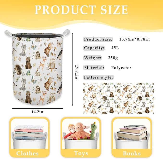 HKTZM Baby Nursery Laundry Basket, Toybox for Boys Girls Room, Forest Animal Laundry Basket Hamper Waterproof Collapsible Clothes Toys Storage Bin Organizer for Kids Room Playroom Bedroom Bathroom