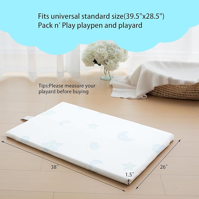 Pack and Play Mattress Pad, Portable Crib Pack N Play Mattresses, 38" x 26" x 1.5" Jacquard Playpen Mattress for Travel Soft Breathable Play Yard Mattress with Washable Cover (Moon/Star)