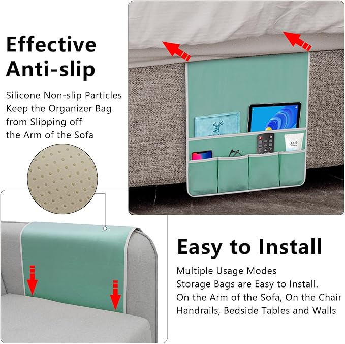 Remote Control Holder for Armchair Caddy, Couch TV Remote Holder for Bed Storage 5 Pockets，Remote Caddy Bedside Organizer Bedside Table Organizer (MintGreen, 35''x18'')