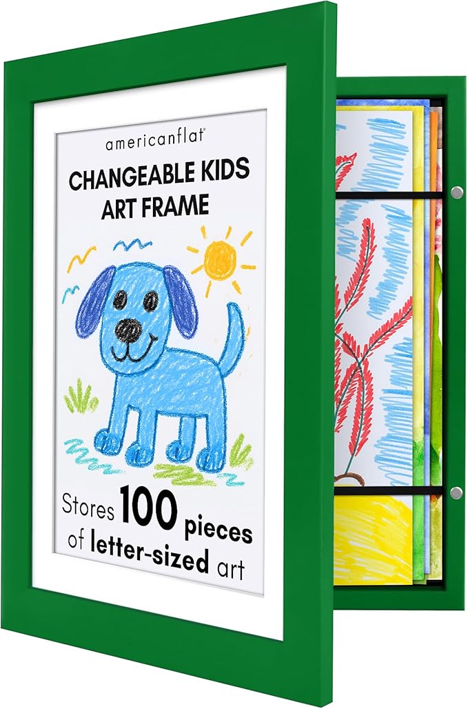 Americanflat Kids Artwork Frame Changeable (Shamrock Green) - Magnetic Door Holds 100 Art Pieces - 8.5x11 Letter Size Display with Mat or 10x12.5 Without Mat - My Mini Masterpiece