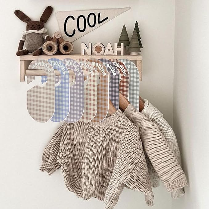 Baby Closet Divider, Baby Wardrobe Organizer, Double-Sided Pastel Gingham Design, Nursery Decor Clothes Hanger Dividers for Sorting 8 Sizes from Newborn to 12+ Months