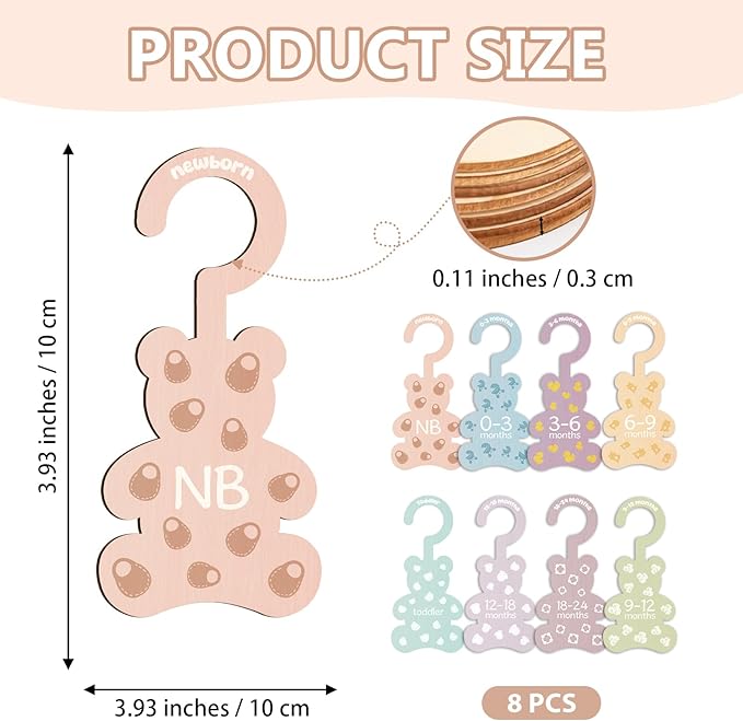 Baby Clothes Dividers for Closet - Set of 8 Wooden Baby Size Closet Dividers Newborn to 24 Months, Newborn Organizer for Boys Girls - Little Bear Shape Baby Nursery Decor Kit Newborns Gift Baby Shower