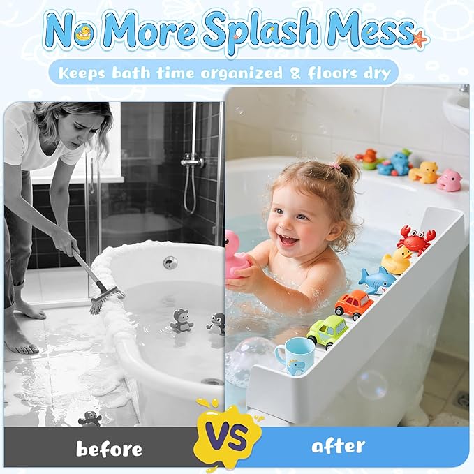 Splash Guard for Bathtub, Silicone Bathtub Splash Guard with Suction Cups, Bath Toys Holder Shelf, Bath Tub Side Tray for Bathroom Storage and Water Spill Prevention, Grey