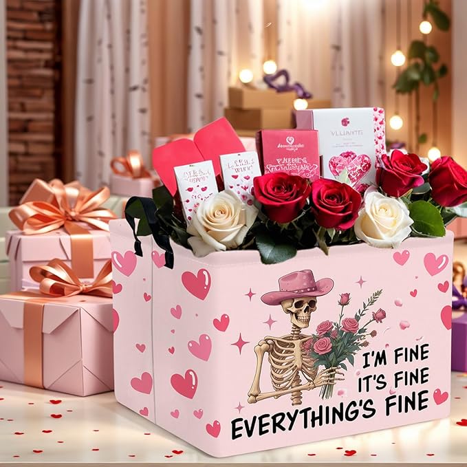 ASKETAM Valentine's Day Basket Gift for Empty Cute Heart Large Storage Bin for Kid and Baby Room Décor (Pink Rose Skull Heart)