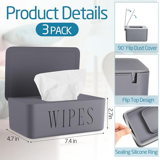 Singhoow 3 Pack Baby Wipes Dispenser Holder Wipe Container for Bathroom with Lid Toilet Tissue Paper Storage Refillable Box for Home Office Cars(Small,Gray)