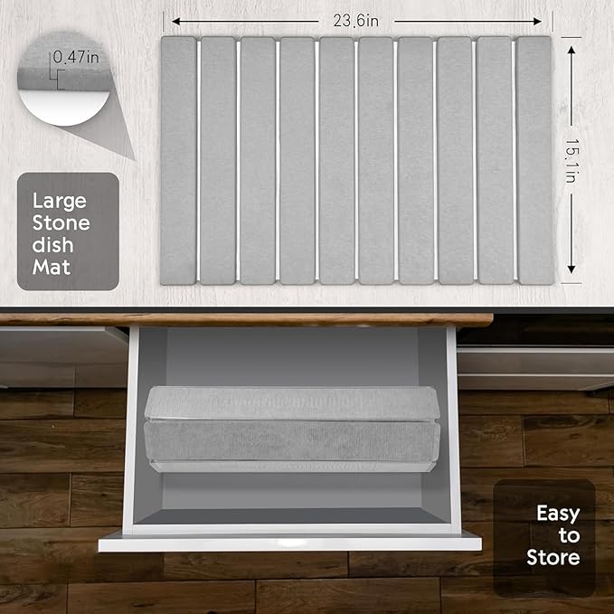 Stone Dish Drying Mat for Kitchen Counter – 23"(L)×15 (W)" Foldable Absorbent Diatomaceous Earth Dish Drying Mats, Kitchen Counter Mats for Dishes Bottles Cups, Match Any Countertop - Grey