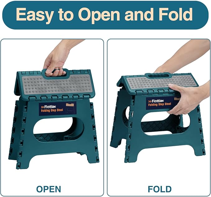 Flottian 11" Folding Step Stool for Adults and Kids Holds Up to 300 lbs,Non-Slip Folding Stools with Portable Handle, Compact Plastic Foldable Step Stool for Bedroom, Kitchen Turquoise Green,1PC