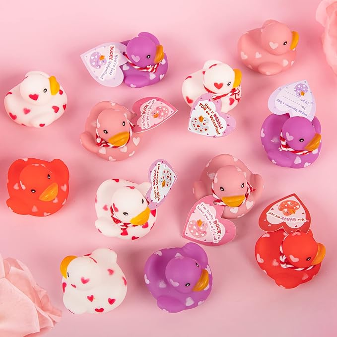 28 Packs Valentines Day Gift Cards with Cute Mini Rubber Duck 2.4x2.4 Bath Toys for School Classroom Valentine’s Exchange Greeting Cards