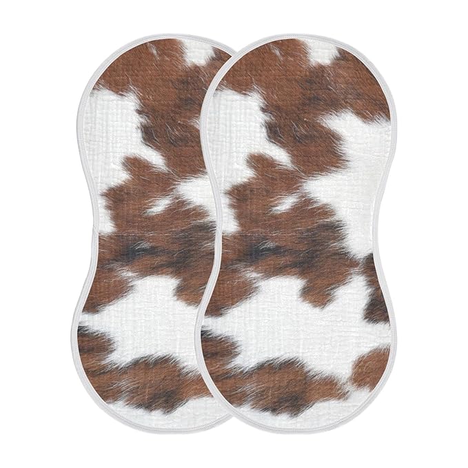 Muslin Baby Burp Cloths Set of 4, Soft Absorbent White Brown Print Cow Muslin Washcloths, Bibs, Face Towel for Newborn Boys Girls, 22 x 11 Inch