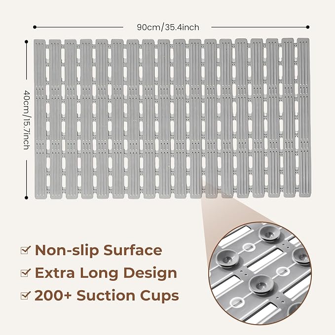 PuoWeo Bathtub Mat Non Slip for Bathroom with Suction Cups and Drain Holes 35.4 * 15.7 Shower Mat for Inside Shower, Quick Dry Bath Mat for Baby Kids Seniors Pregnants Adults, Easy to Cut, Easy Dry